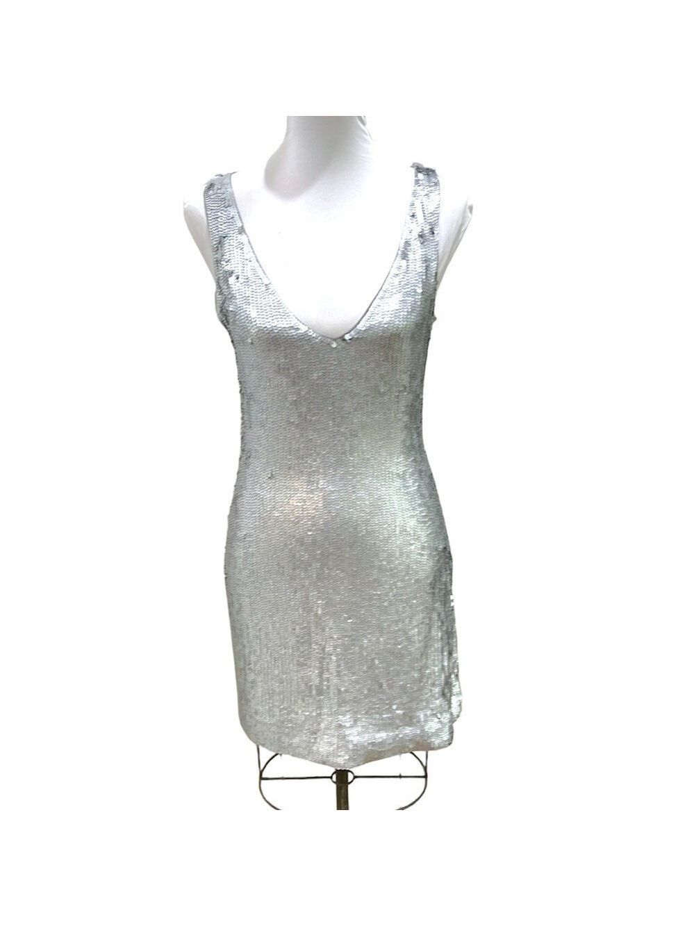 NWT Arden B. Silver Sequined Sleeveless Vee Neck Body Con Dress SZ S